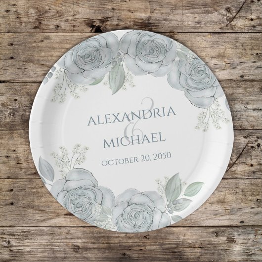 スタイリッシュの結婚ほこりっぽい青いフローラバラ花 ペーパープレート
