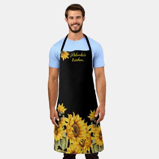 スタイリッシュひまわりパーソナライズされたと名前 エプロン (着用した状態)