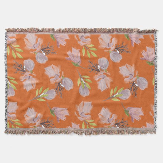 スタイリッシュほこりっぽいオレンジ色の水彩植物 スローブランケット (正面)