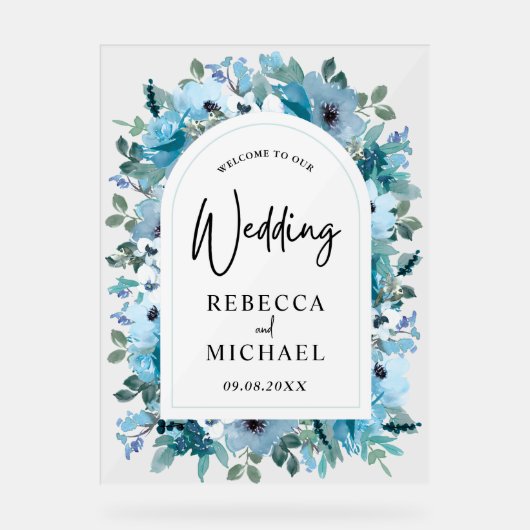 スタイリッシュほこりっぽい青い結婚白い花 アクリルサイン (正面)