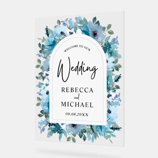 スタイリッシュほこりっぽい青い結婚白い花 アクリルサイン (傾斜)