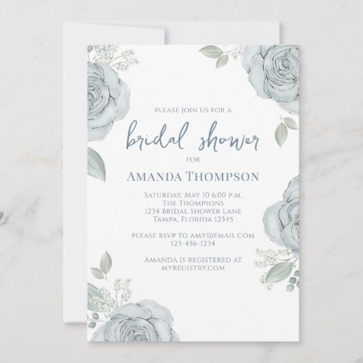 スタイリッシュほこりっぽい青フローラブライダルシャワー花 招待状 (正面)