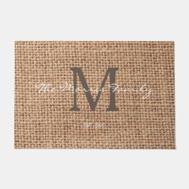 スタイリッシュイニシャルとスクリプト文字ファミリー名burlap ドアマット