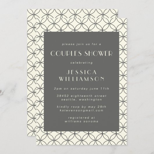 スタイリッシュエレガント白黒ラインアートカップルシャワー 招待状 (正面/裏面)