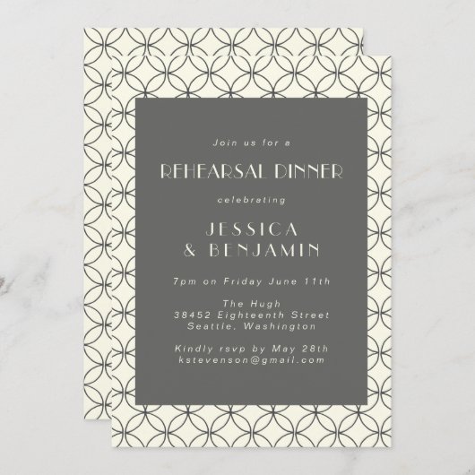 スタイリッシュエレガント白黒ラインリハーサルディナー 招待状 (正面/裏面)