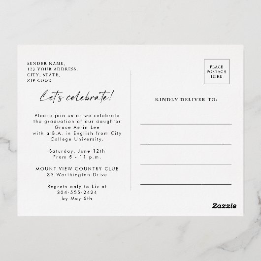 スタイリッシュエレガント金ゴールド 箔招待状ポストカード (裏面)