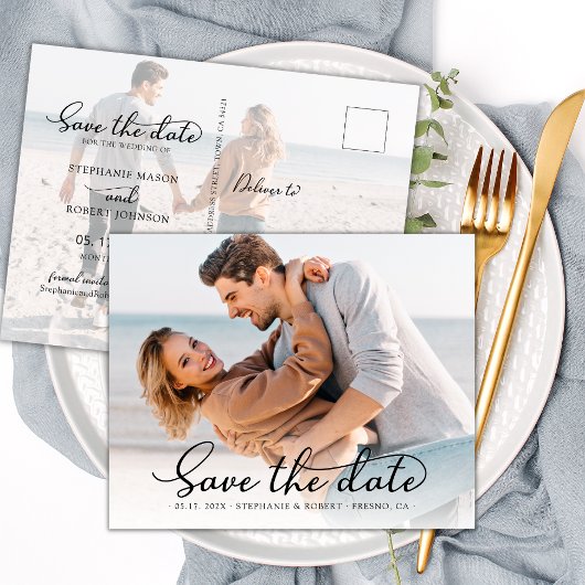 スタイリッシュエレガントScript Photo Wedding日付の保存 案内ポストカード