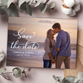 スタイリッシュエレガントScript Photo Wedding日付の保存 案内ポストカード