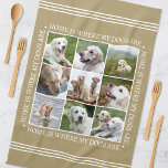 スタイリッシュカスタム文字フォトコラージュ犬金ゴールドホワイト キッチンタオル<br><div class="desc">「家は私のパーソナライズされた犬がいる場所だ」という心温まるメッセージに囲まれた、9枚の大切な写真を飾る便利なキッチンタオルを作成する。 このスタイリッシュテンプレートは、格子状に配置された写真集版とスタイルレタリングとを備え伝統的る。文字はカスタマイズ写真に合わせることができる。家族、友人、子供、ペットの写真に最適な、この汎用性の高いテンプレートはユニーク、あらゆる家のための思慮深い贈り物を作る。印刷色：金ゴールドと白。</div>