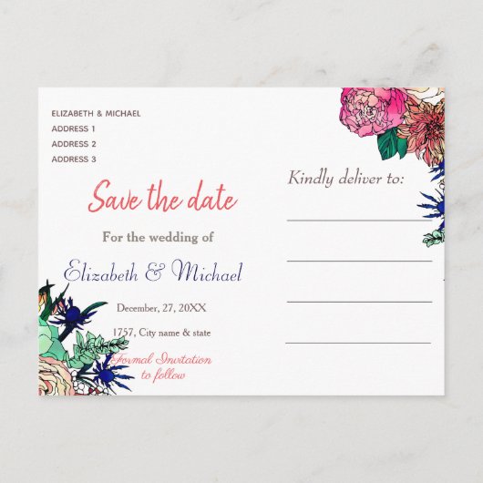 スタイリッシュカラフル水カラーフローラブーケデザイン 案内ポストカード (裏面)