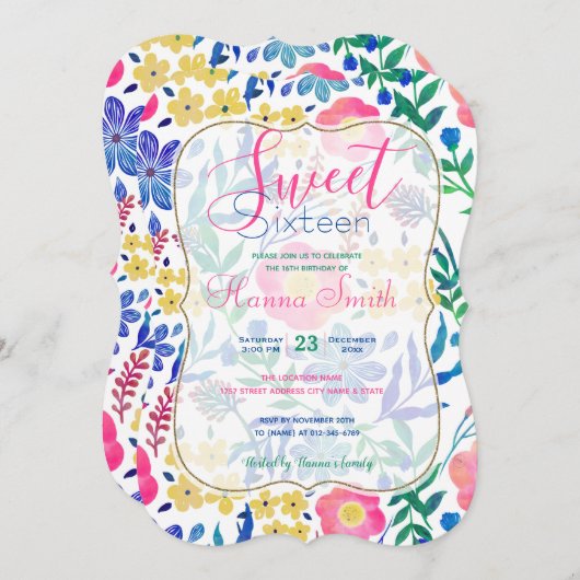 スタイリッシュガーリーピンクの花の手絵を描の 招待状 (正面/裏面)