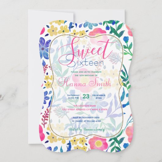 スタイリッシュガーリーピンクの花の手絵を描の 招待状 (正面)