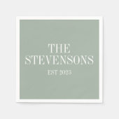 スタイリッシュクラシック家族の姓Est Date Sage スタンダードカクテルナプキン (正面)