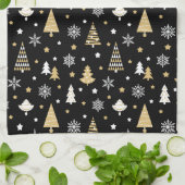 スタイリッシュクリスマスツリーズスノーフレークスブラック キッチンタオル (折り畳み)