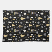 スタイリッシュクリスマスツリーズスノーフレークスブラック キッチンタオル (横)