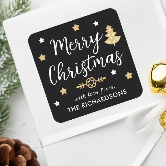 スタイリッシュクリスマスツリー編集可能な名前ブラック スクエアシール