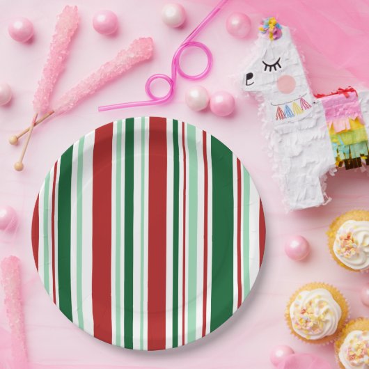 スタイリッシュクリスマスパーティー赤、緑、白ストライプ色 ペーパープレート (パーティー)