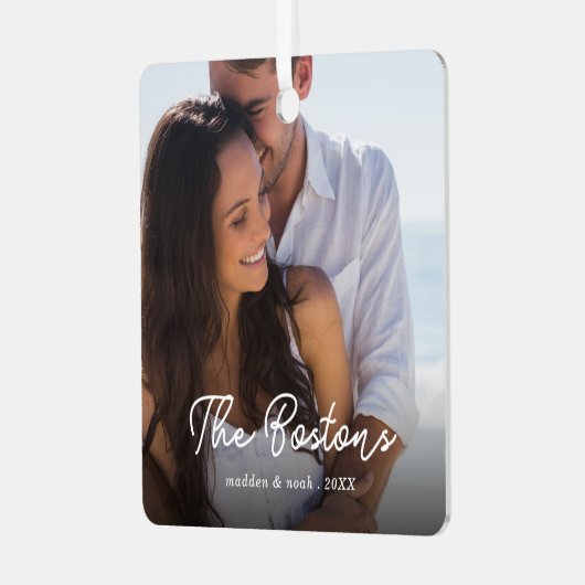 スタイリッシュクリスマスミニマルかわいいおもしろいカップルの写真 メタルオーナメント (正面左)