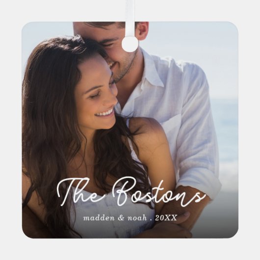 スタイリッシュクリスマスミニマルかわいいおもしろいカップルの写真 メタルオーナメント (正面)