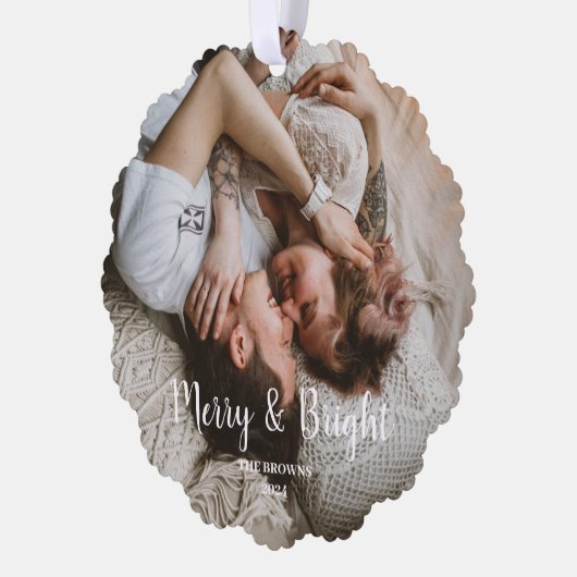 スタイリッシュクリスマスメリーの明るい家族の写真 オーナメントカード (左)