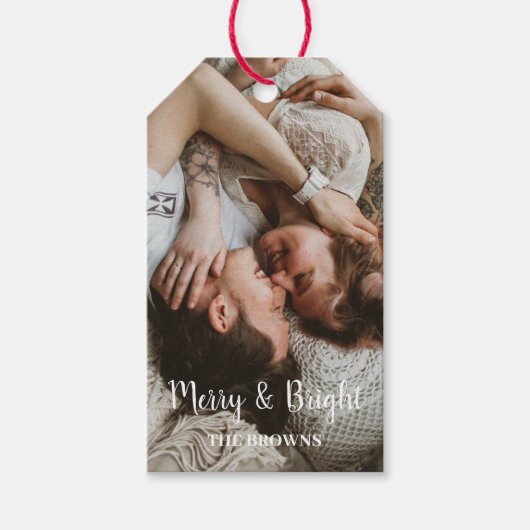 スタイリッシュクリスマスメリーの明るい家族の写真 ギフトタグ (正面)