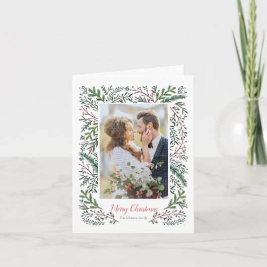 スタイリッシュクリスマスレッドグリーンパインリース写真 シーズンカード (正面)