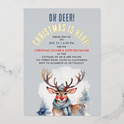 スタイリッシュクリスマス冬トナカイの水色 箔招待状 (正面)