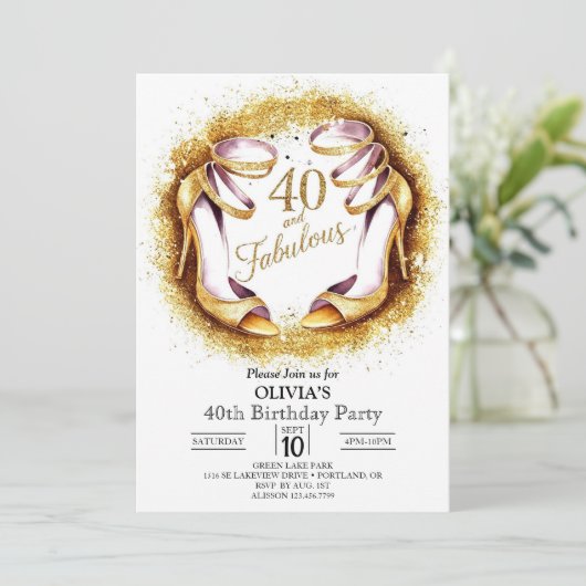 スタイリッシュグリッターデジタル金ゴールド40歳の誕生日 招待状 (スタンド正面)