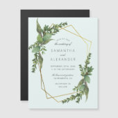 スタイリッシュグリーナリーミント&金ゴールドジオメト結婚リー マグネット招待状 (正面/裏面)