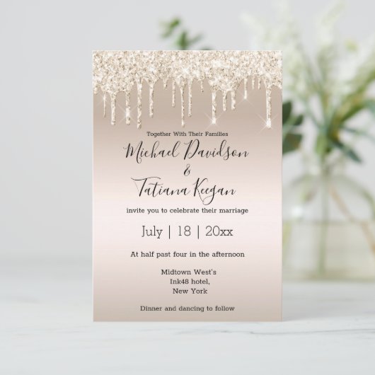 スタイリッシュシャンパンのグリッターが結婚滴る 招待状 (スタンド正面)