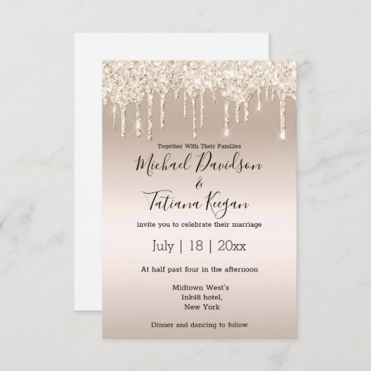 スタイリッシュシャンパンのグリッターが結婚滴る 招待状 (正面/裏面)