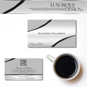 スタイリッシュシルバーグレー曲線デコールラインとQRコード 名刺