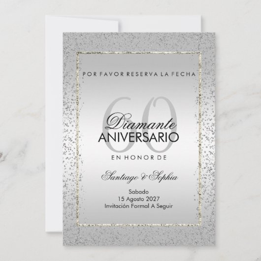 スタイリッシュシルバーコンフェティ 結婚60周年記念日 Save The Date セーブザデート (正面)