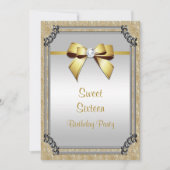 スタイリッシュシルバーフレームとゴールドの豪華な宝石の弓 Sweet 16 招待状 (正面)
