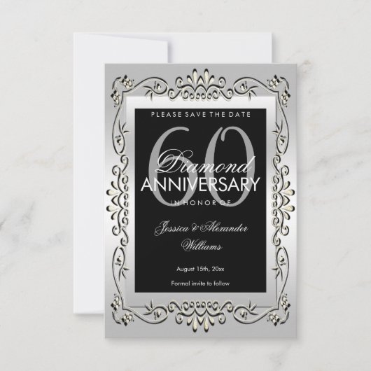 スタイリッシュシルバー60周年記念結婚式の保存日通知 セーブザデート (正面)