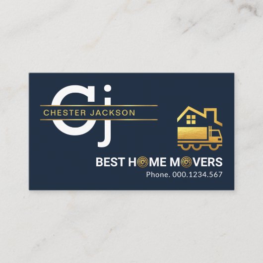 スタイリッシュシンプルモノグラム金ゴールドラインホーム引越し業者 名刺 (正面)