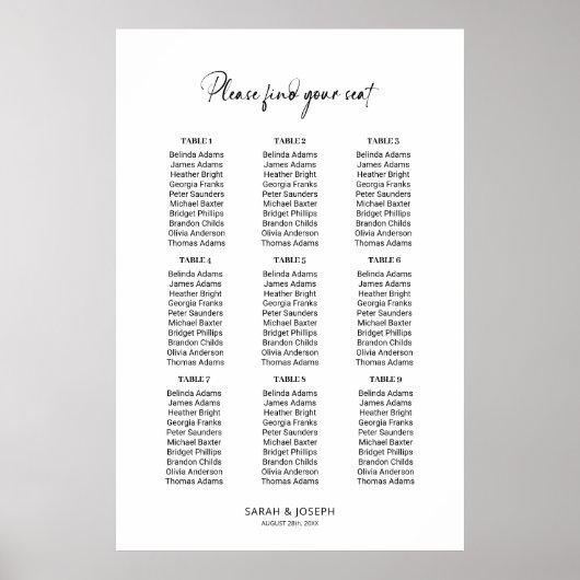スタイリッシュシンプル9表結婚座席表 ポスター (正面)