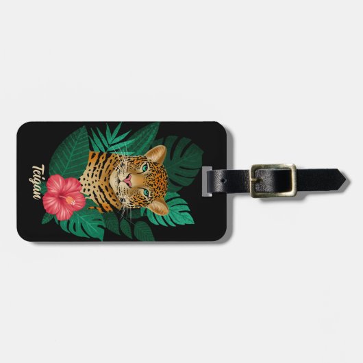 スタイリッシュジャングルヒョウフローラ名子供 |黒 ラゲッジタグ (正面横)