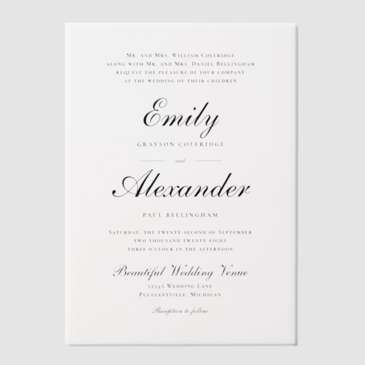 スタイリッシュスクリプト白黒結婚の ベラム紙招待状 (正面)