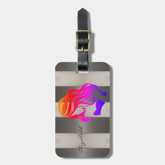 スタイリッシュストライプの – 女の子シルエット,パーソナライズされた ラゲッジタグ (正面縦)