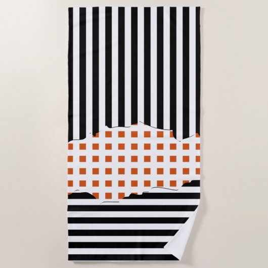 スタイリッシュストライプネットブラック、ホワイト、オレンジ色のレイヤー ビーチタオル (正面)