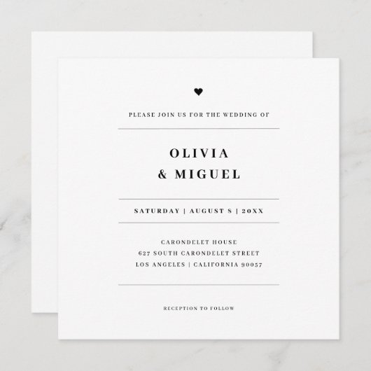 スタイリッシュタイポグラフィ白黒ハート結婚ズ 招待状 (正面/裏面)