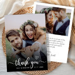 スタイリッシュタイポグラフィ2写真結婚のサンキューカード サンキューカード<br><div class="desc">ボモダンホハート結婚タイポグラフィの2写真サンキューカード。ミニマスタイリッシュリストのユー感謝していテンプレートは前面にフルの縦写真を映し出し、文字「ありがとう」は手書きの書道のスワッシュテールスクリプトのフォントオーバーレイと白い愛ハートモチーフを写真上に描く。背面で1枚の写真とメッセージ感謝していのテンプレート。簡単あなたの名前とメッセージ感謝していをパーソナライズする。ノートもしを手書きしたい場合は、サンプル文字を削除して宇宙を増やす。おもしし救済まは合わせ品連絡が欲しい！</div>