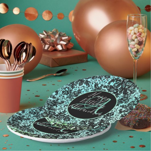 スタイリッシュターコイズダークムーディフローラ誕生日 ペーパープレート (複数)