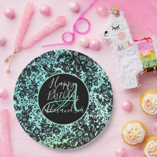 スタイリッシュターコイズダークムーディフローラ誕生日 ペーパープレート (パーティー)