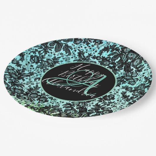 スタイリッシュターコイズダークムーディフローラ誕生日 ペーパープレート (アングル)