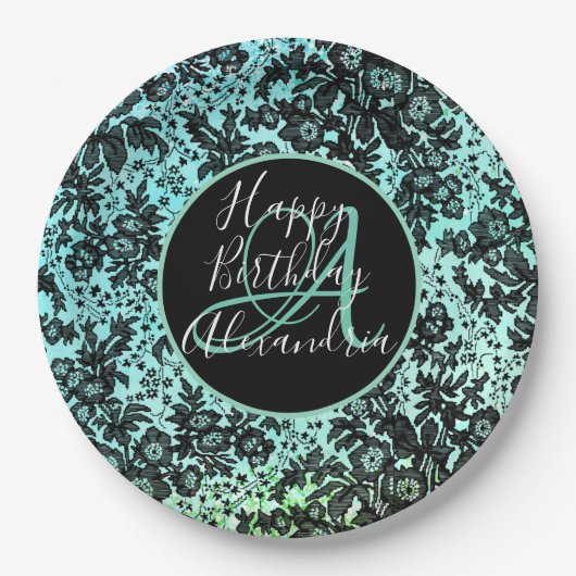 スタイリッシュターコイズダークムーディフローラ誕生日 ペーパープレート (正面)