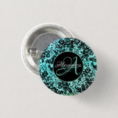 スタイリッシュターコイズブルーとブラックフローラモノグラム 缶バッジ (正面&裏面)