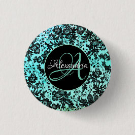 スタイリッシュターコイズブルーとブラックフローラモノグラム 缶バッジ