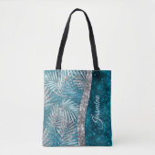 スタイリッシュターコイズ銀グリッター葉モノグラム トートバッグ (正面)